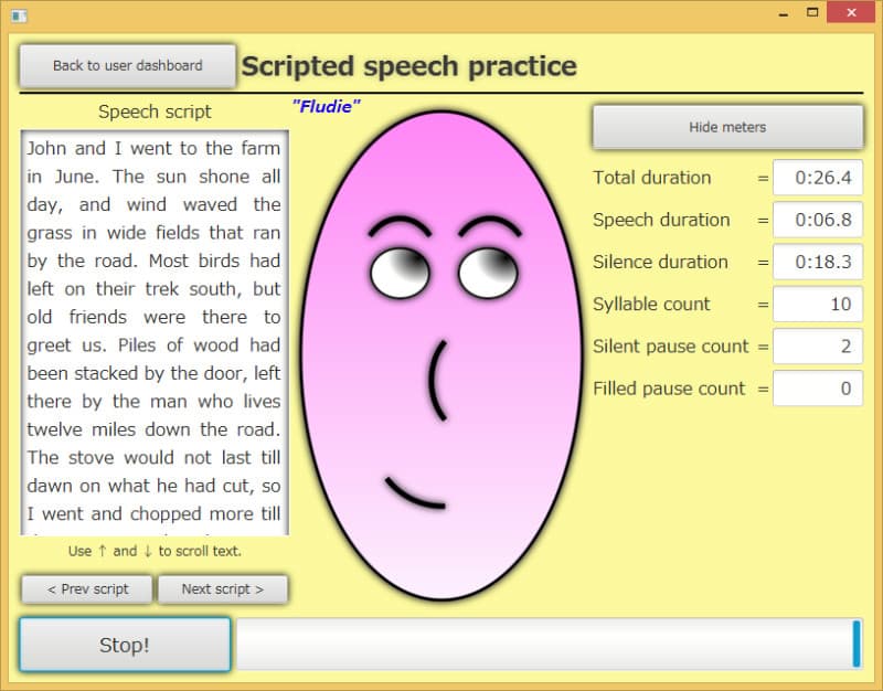 Fluidity screenshot; Scripted speech practice screen; Fludie showing a pensive expression
